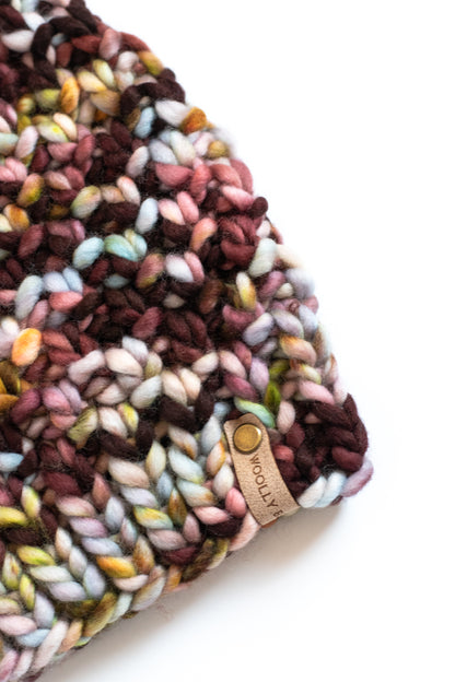 Cranberry Merino Wool Knit Hat with Faux Fur Pom Pom - Hand-Dyed Yarn