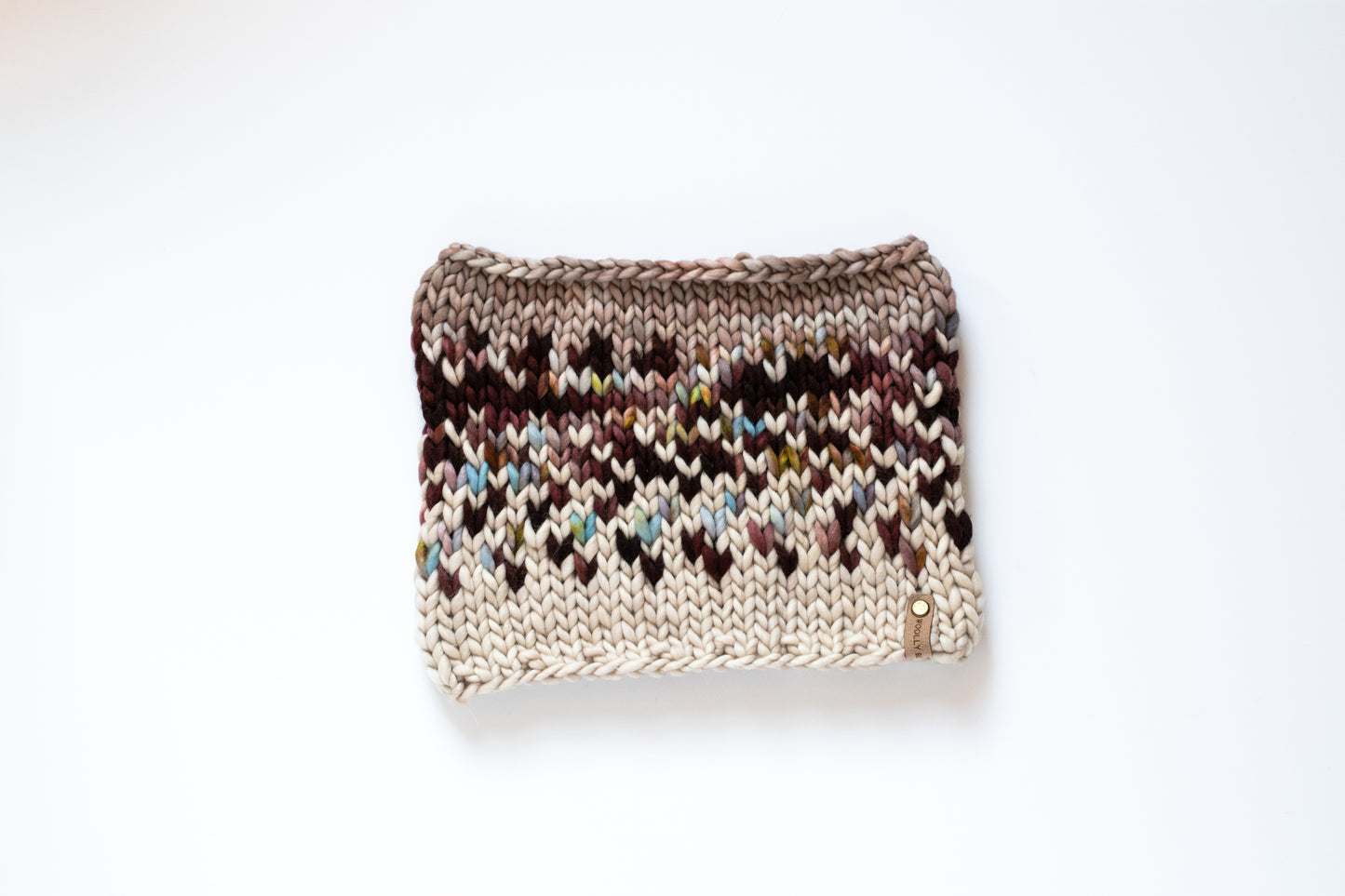 Cranberry and Beige Merino Wool Fair Isle Hand Knit Cowl
