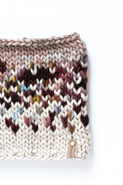 Cranberry and Beige Merino Wool Fair Isle Hand Knit Cowl