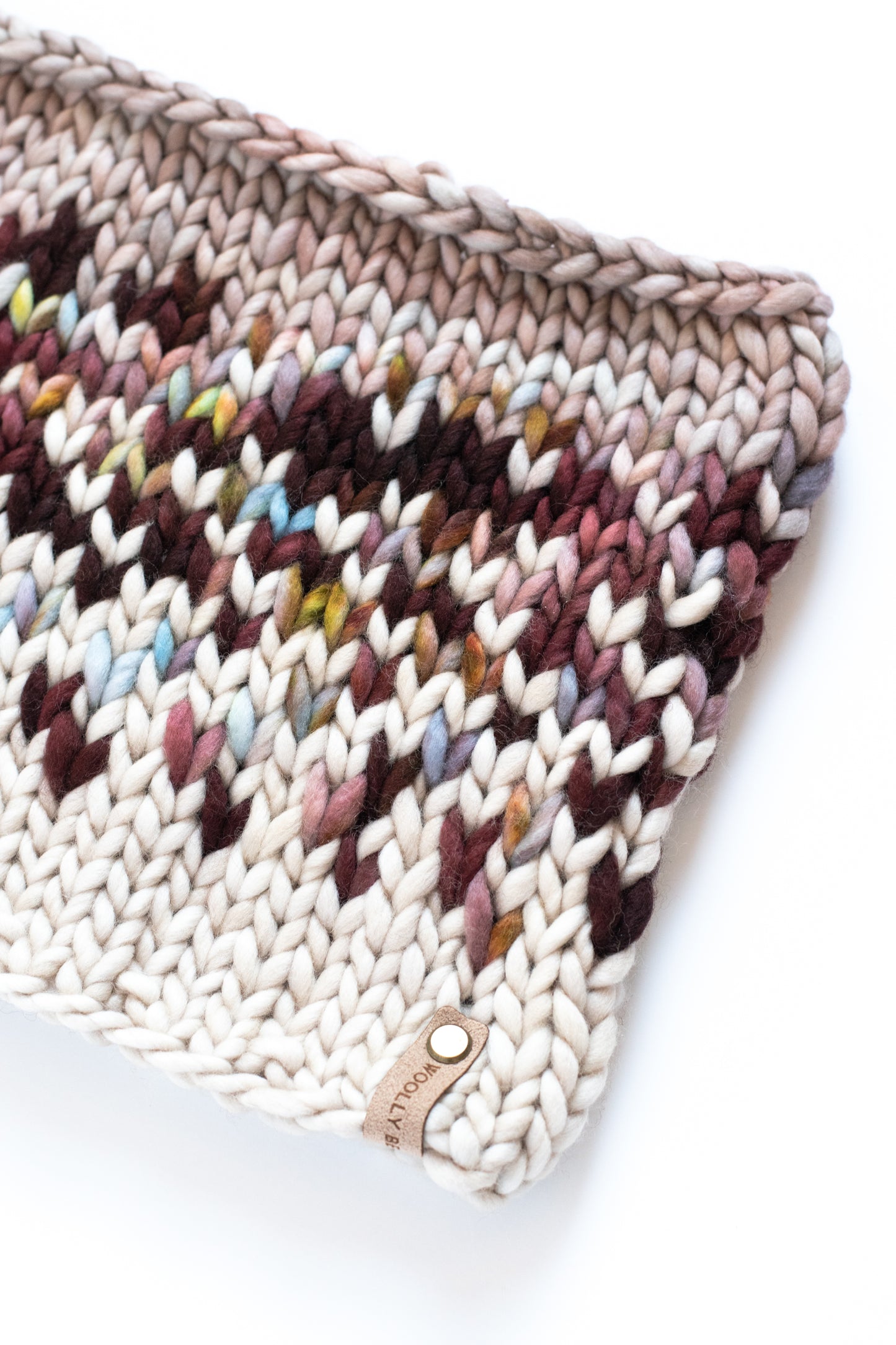 Cranberry and Beige Merino Wool Fair Isle Hand Knit Cowl