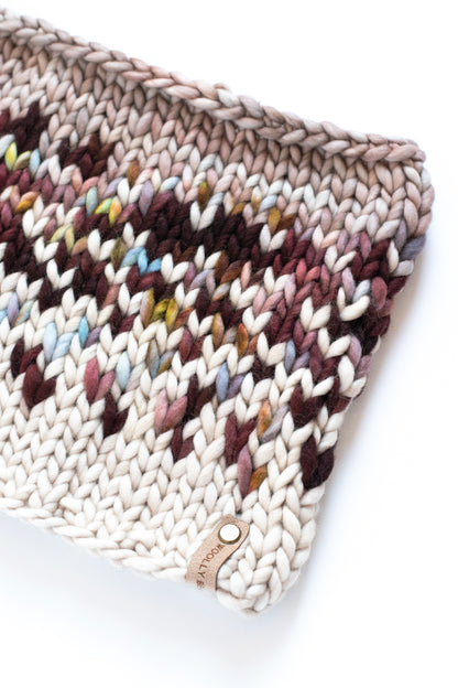 Cranberry and Beige Merino Wool Fair Isle Hand Knit Cowl