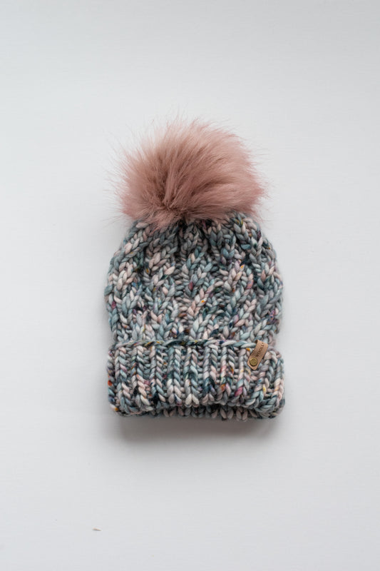 Blue Speckled Merino Wool Knit Hat with Faux Fur Pom Pom - Hand Dyed Yarn