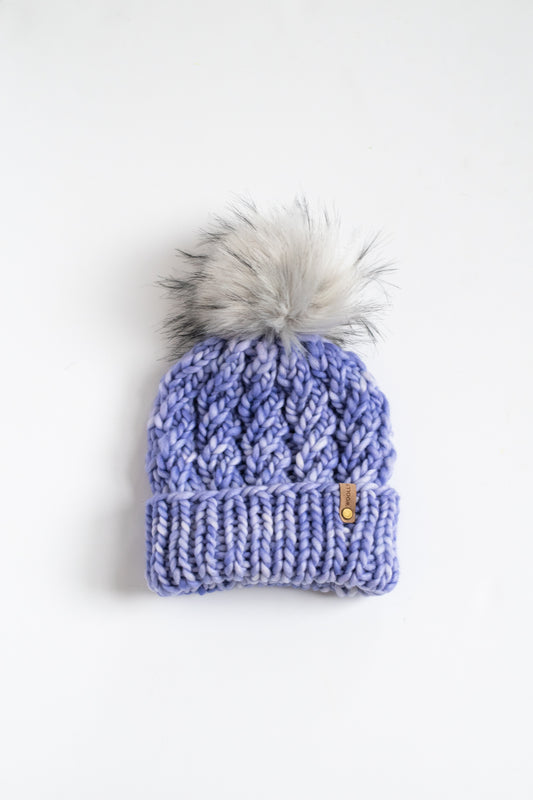 Bright Lavender Merino Wool Knit Hat with Faux Fur Pom Pom - Hand Dyed Yarn