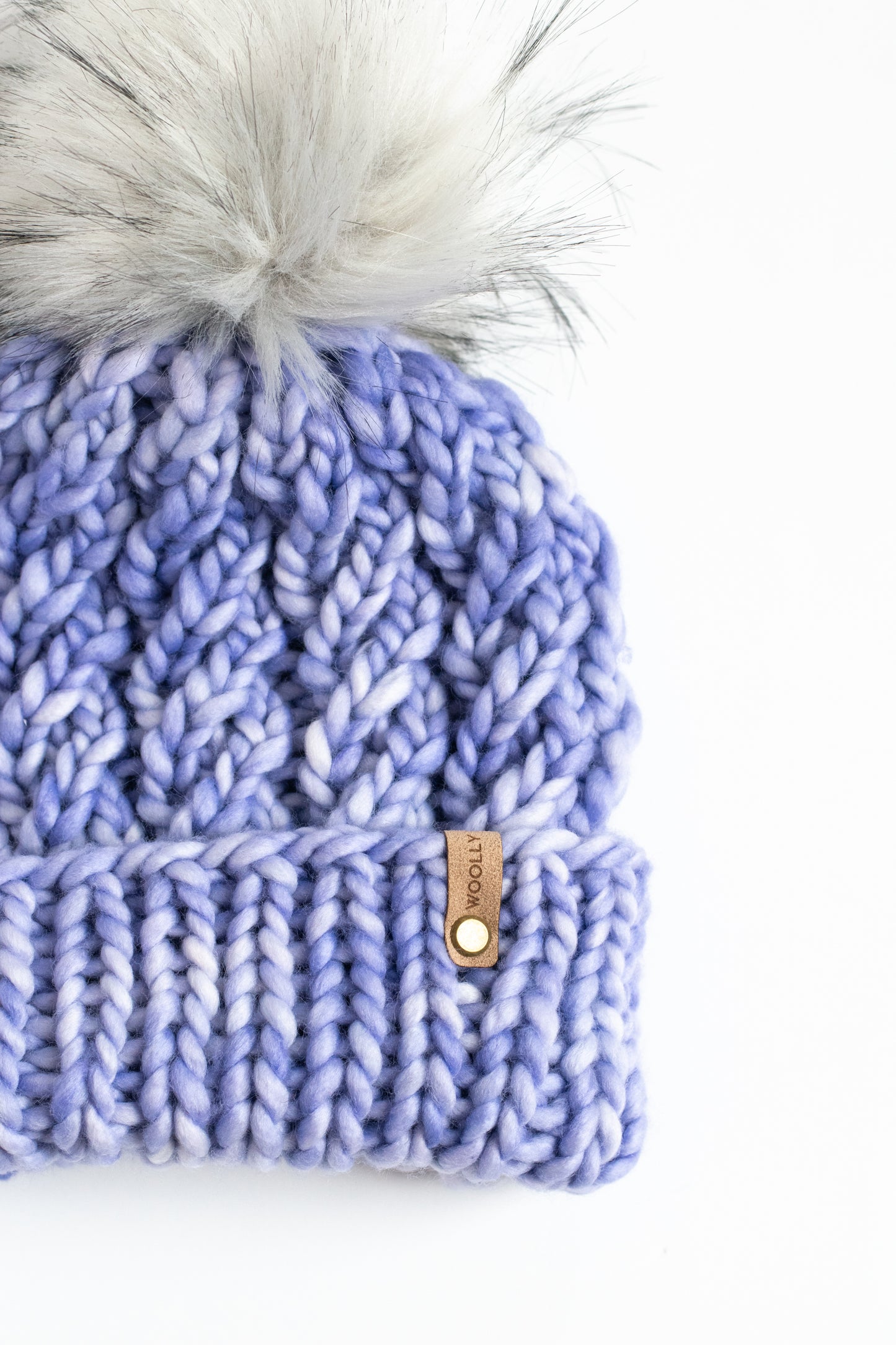 Bright Lavender Merino Wool Knit Hat with Faux Fur Pom Pom - Hand Dyed Yarn