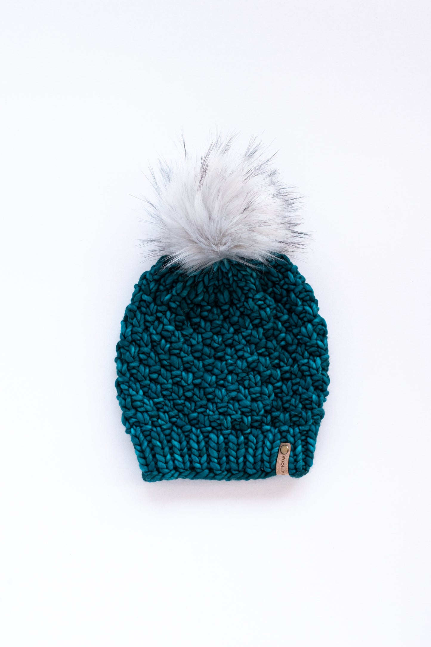 Teal Merino Wool Knit Hat with Faux Fur Pom Pom