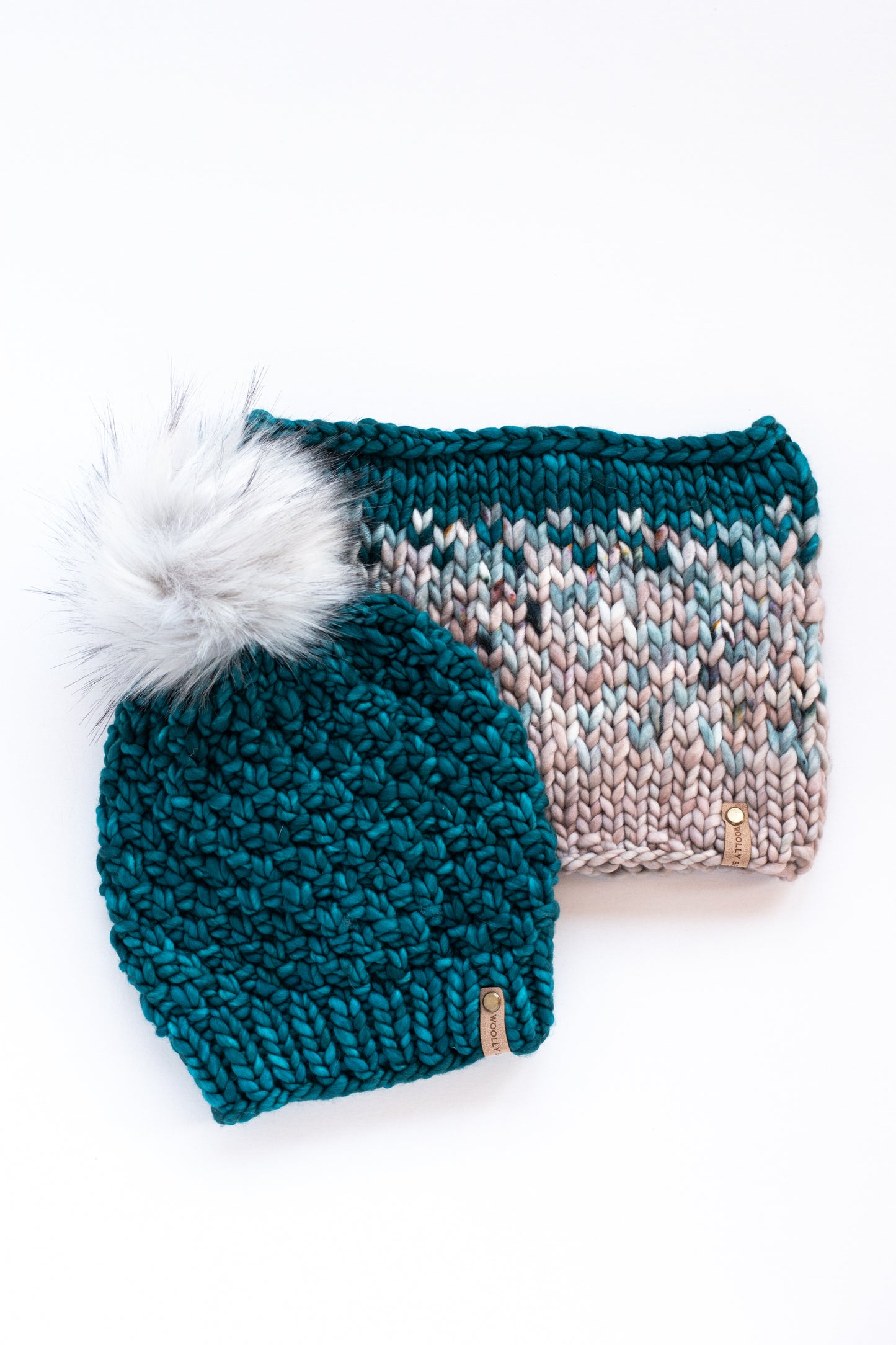 Teal Merino Wool Knit Hat with Faux Fur Pom Pom