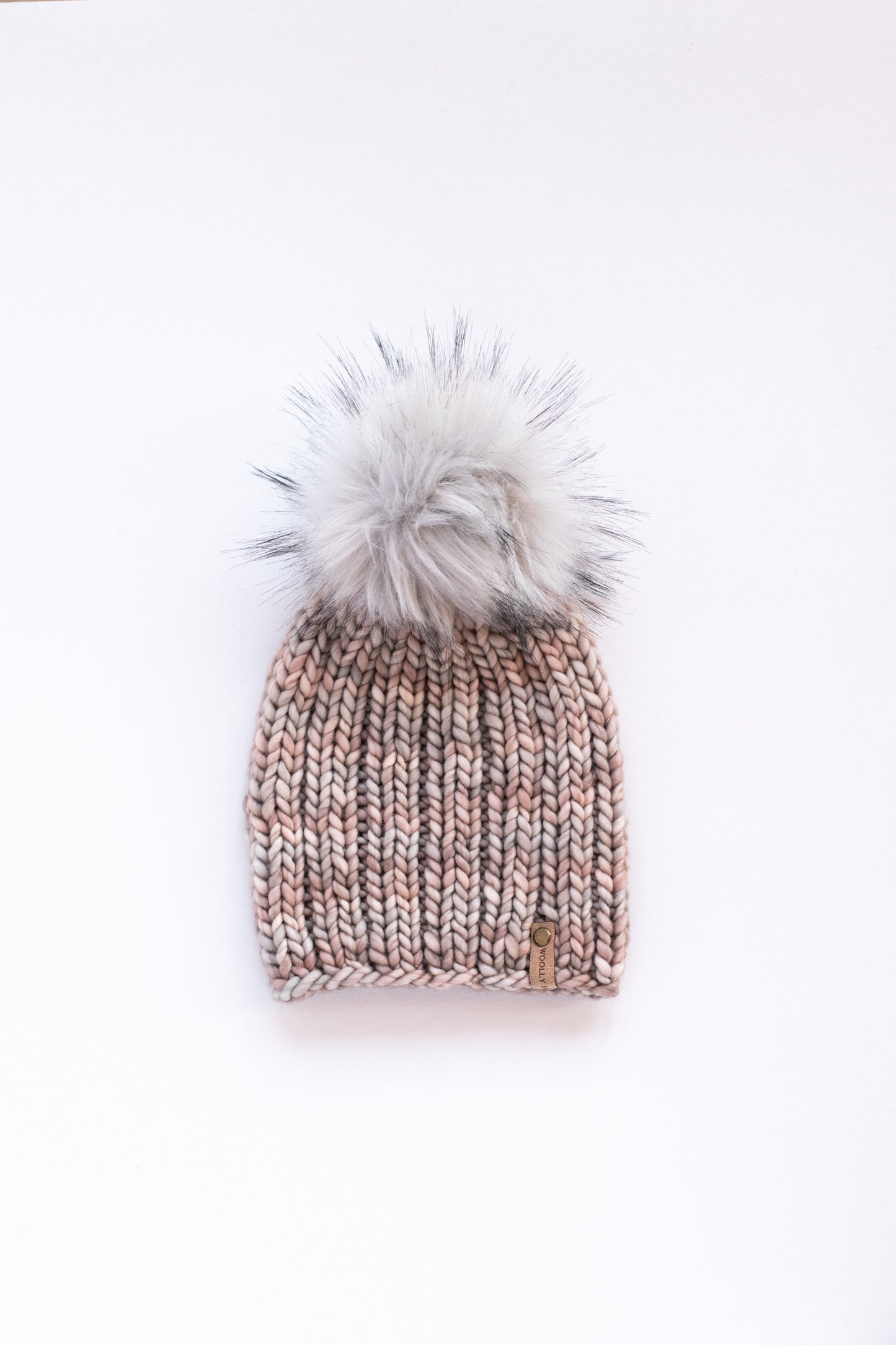 Pearl Gray Merino Wool Knit Hat with Faux Fur Pom Pom