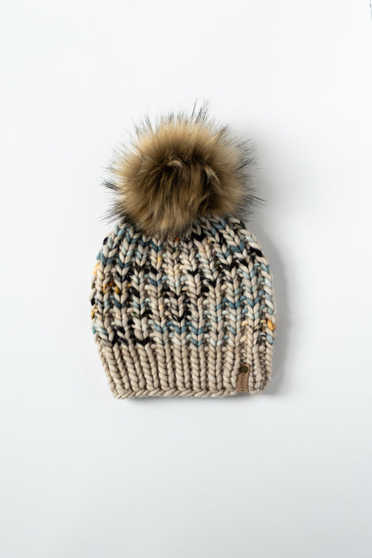 Blue and Beige Stripe Merino Wool Knit Hat with Faux Fur Pom Pom - Hand-Dyed Yarn