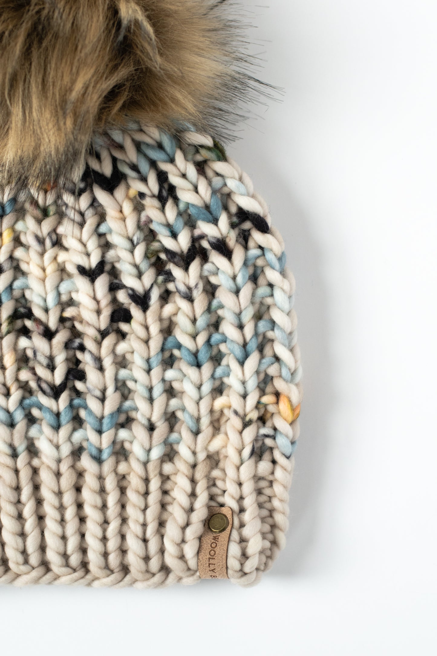 Blue and Beige Stripe Merino Wool Knit Hat with Faux Fur Pom Pom - Hand-Dyed Yarn