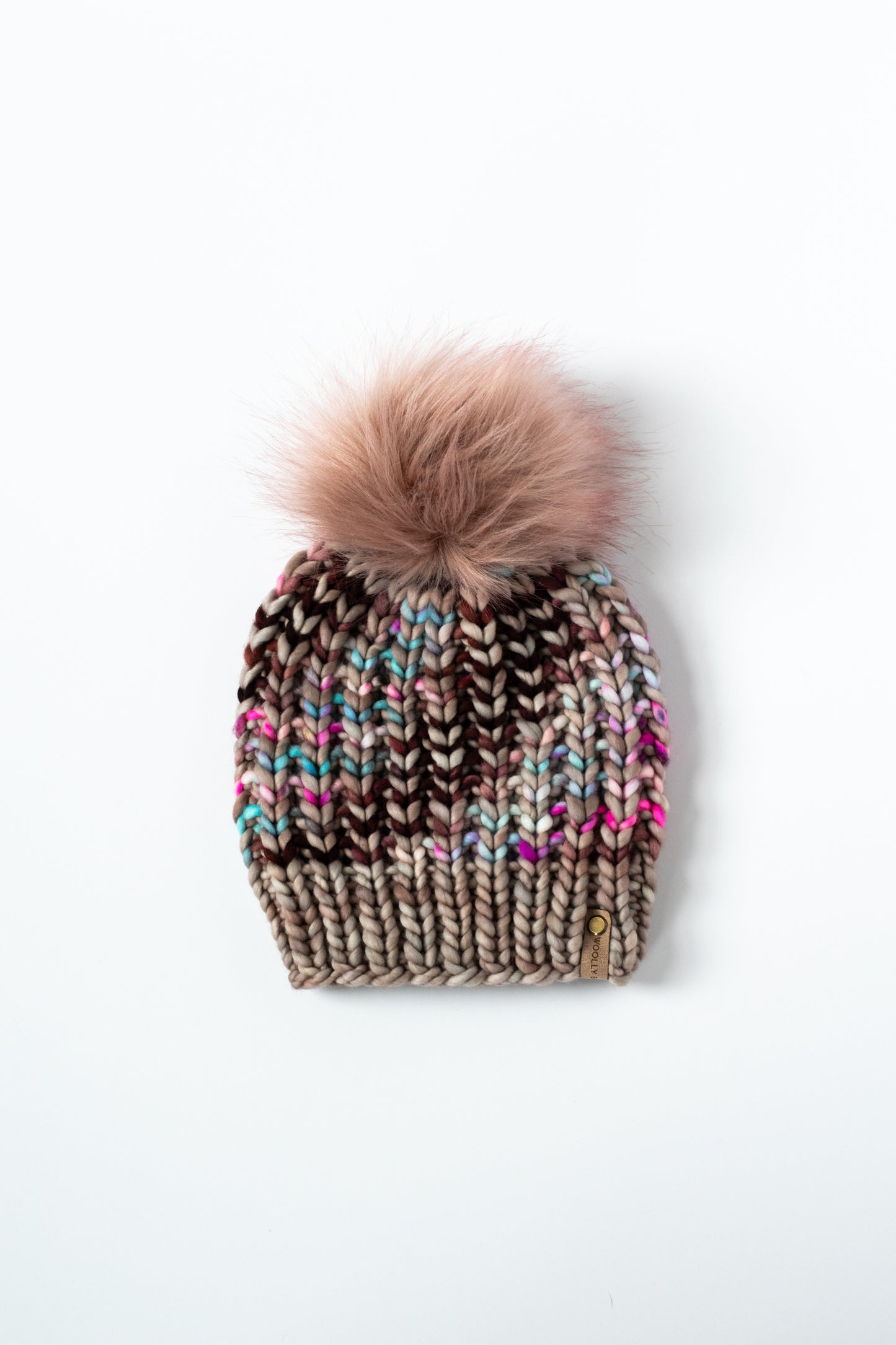 Cranberry Stripe Merino Wool Knit Hat with Faux Fur Pom Pom - Hand-Dyed Yarn