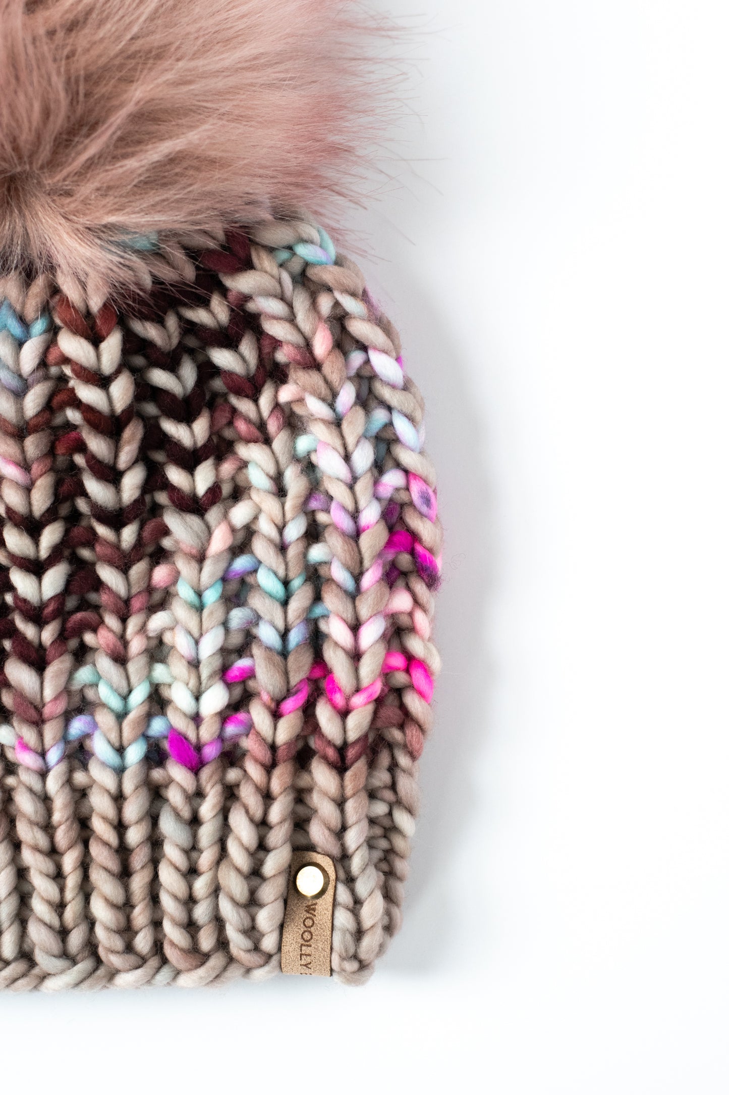 Cranberry Stripe Merino Wool Knit Hat with Faux Fur Pom Pom - Hand-Dyed Yarn