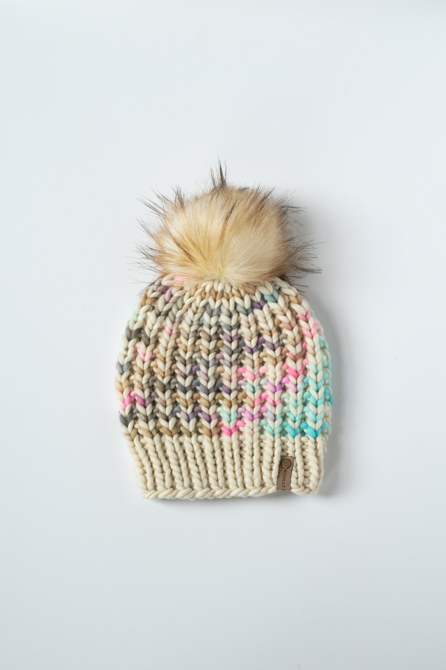 Pink and White Stripe Merino Wool Knit Hat with Faux Fur Pom Pom - Hand-Dyed Yarn