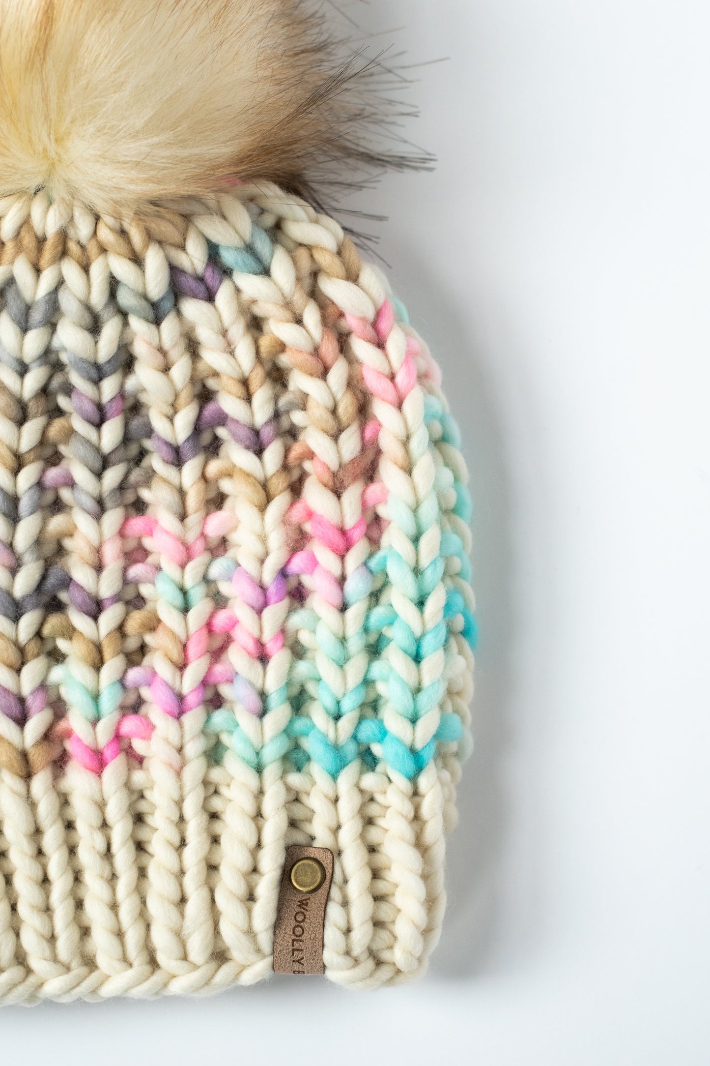 Pink and White Stripe Merino Wool Knit Hat with Faux Fur Pom Pom - Hand-Dyed Yarn