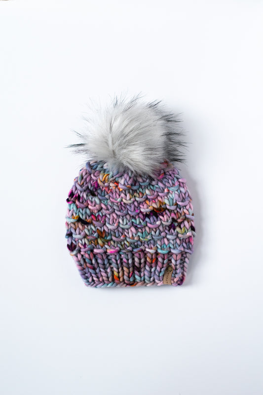 Purple Speckle Merino Wool Knit Hat with Faux Fur Pom Pom - Hand-Dyed Yarn