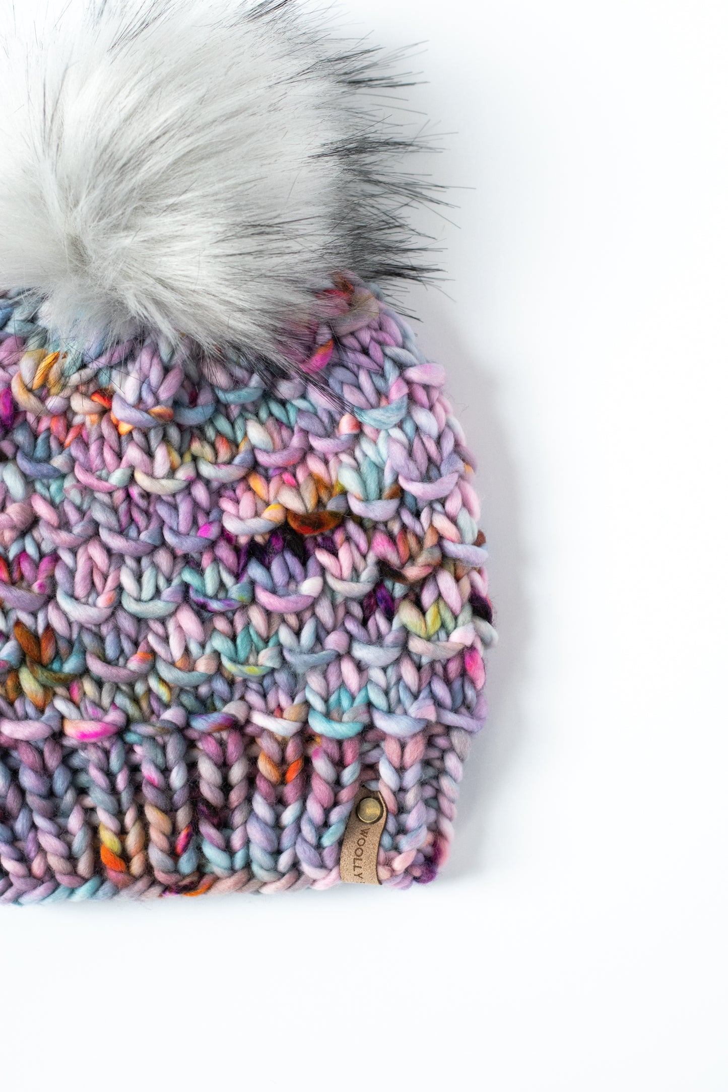 Purple Speckle Merino Wool Knit Hat with Faux Fur Pom Pom - Hand-Dyed Yarn