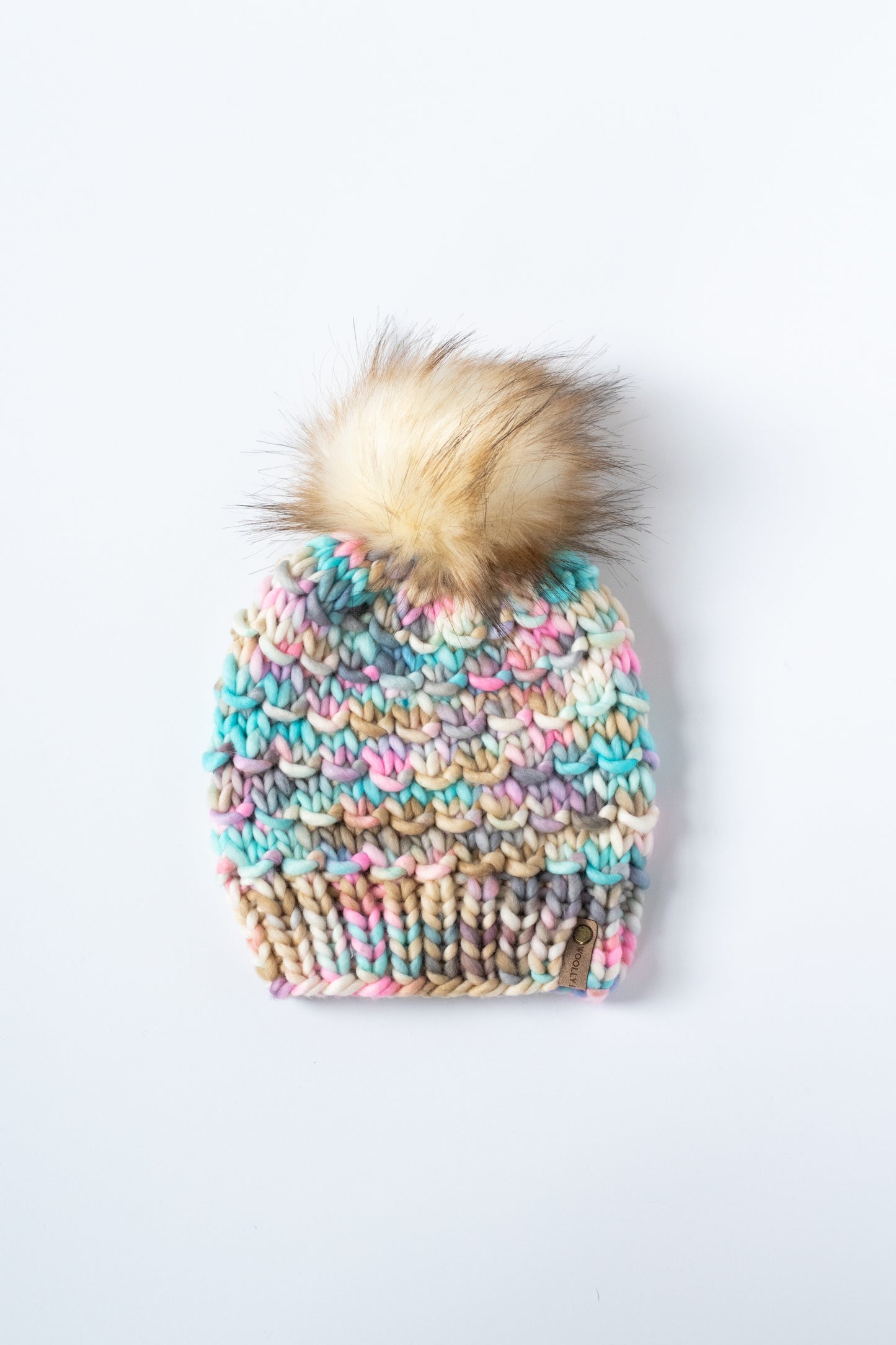 Pink Multicolor Merino Wool Knit Hat with Faux Fur Pom Pom - Hand-Dyed Yarn