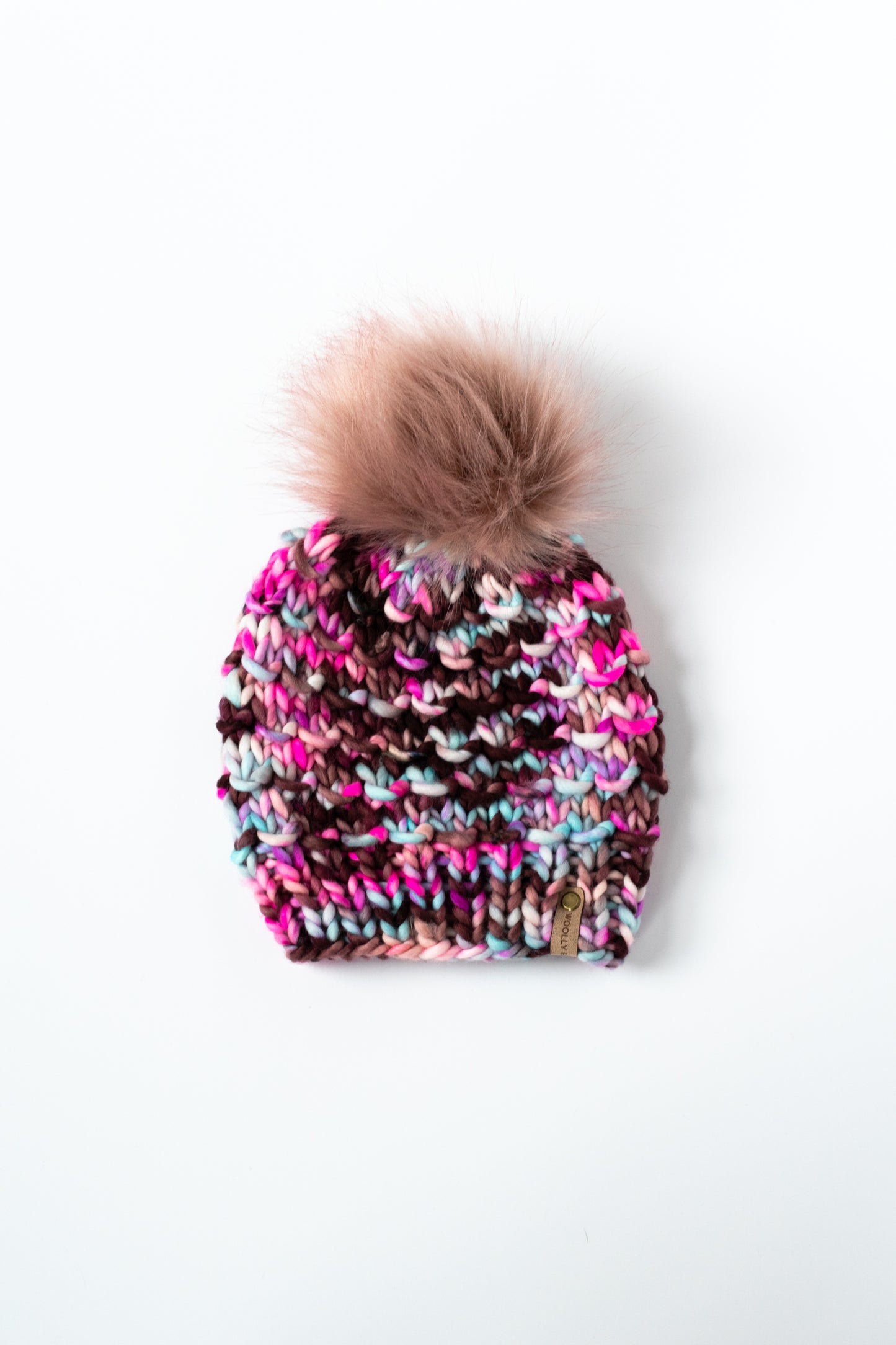Cranberry Merino Wool Knit Hat with Faux Fur Pom Pom - Hand-Dyed Yarn