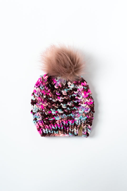 Cranberry Merino Wool Knit Hat with Faux Fur Pom Pom - Hand-Dyed Yarn