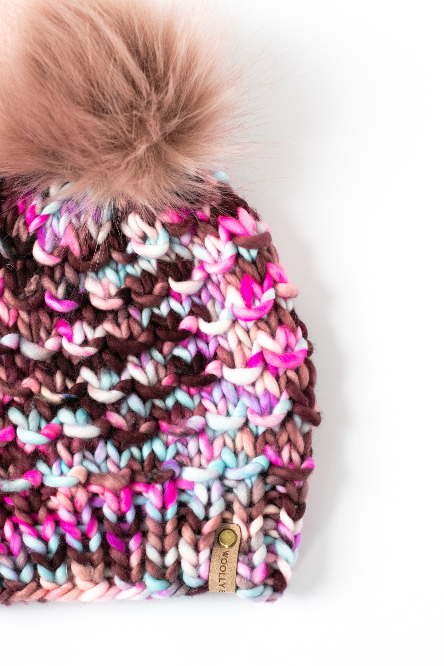 Cranberry Merino Wool Knit Hat with Faux Fur Pom Pom - Hand-Dyed Yarn