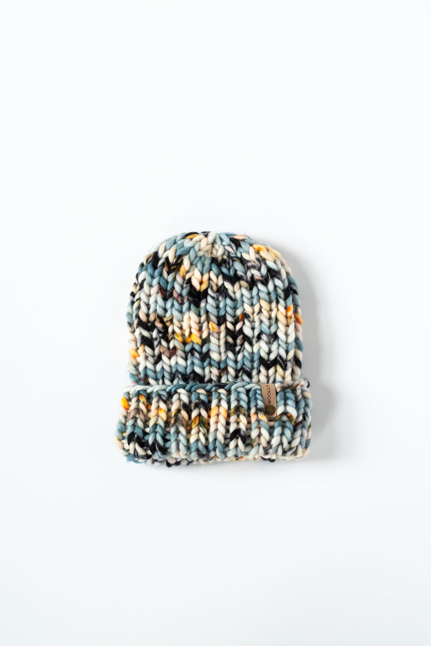 Blue and Beige Ribbed Merino Wool Knit Hat with Faux Fur Pom Pom - Hand-Dyed Yarn