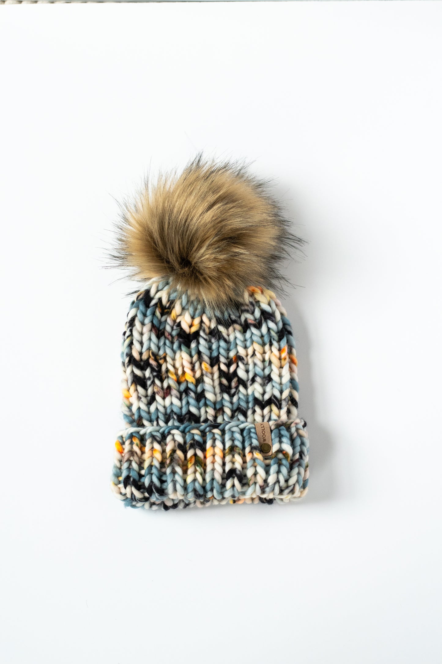 Blue and Beige Ribbed Merino Wool Knit Hat with Faux Fur Pom Pom - Hand-Dyed Yarn