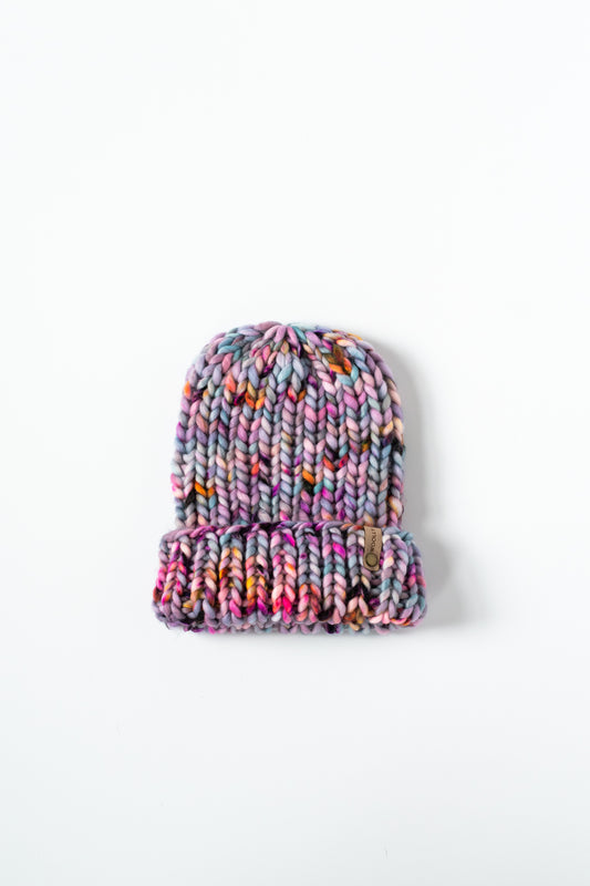 Purple Ribbed Merino Wool Knit Hat with Faux Fur Pom Pom - Hand-Dyed Yarn
