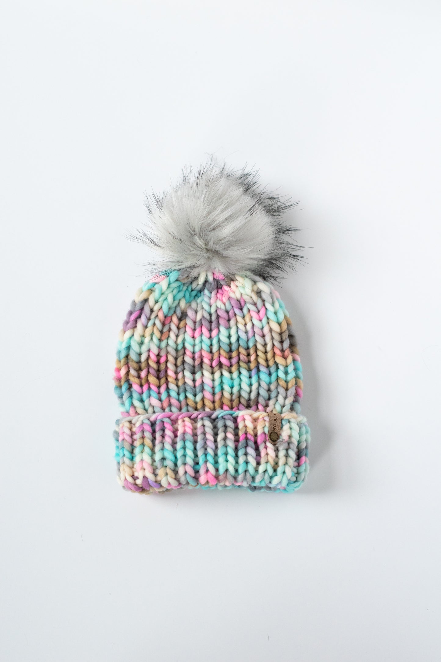 Pink Ribbed Merino Wool Knit Hat with Faux Fur Pom Pom - Hand-Dyed Yarn
