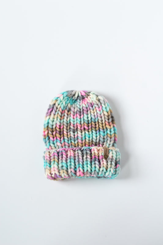 Pink Ribbed Merino Wool Knit Hat with Faux Fur Pom Pom - Hand-Dyed Yarn