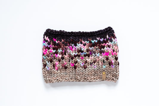 Cranberry and Gray Merino Wool Fair Isle Hand Knit Cowl