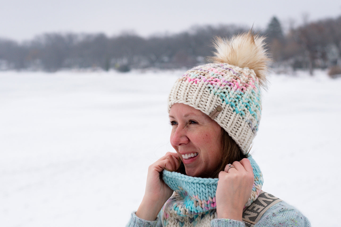 Pink and White Stripe Merino Wool Knit Hat with Faux Fur Pom Pom - Hand-Dyed Yarn