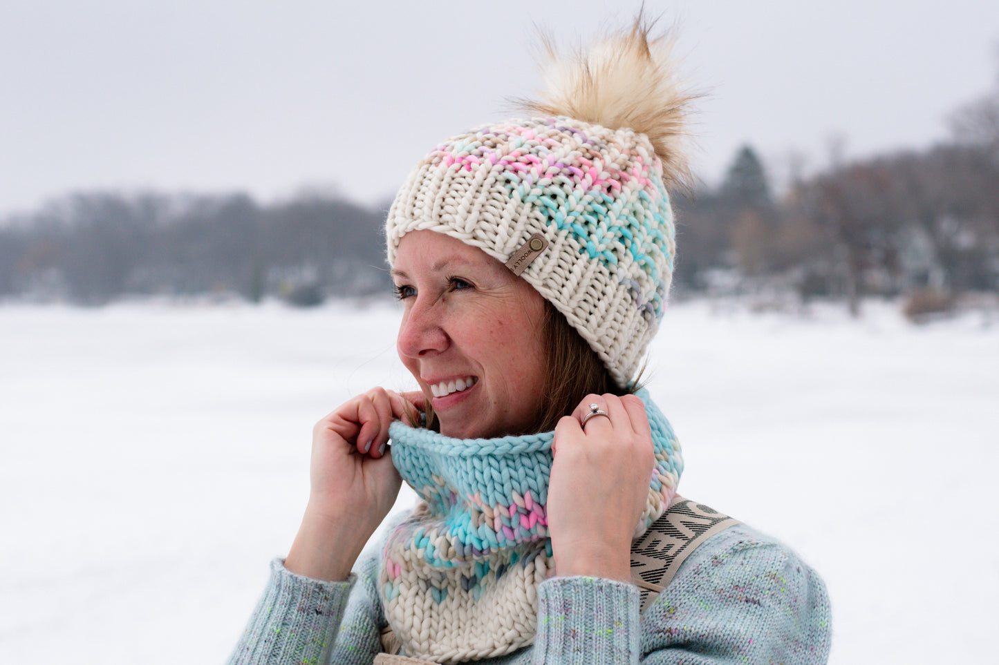 Pink and Aqua Merino Wool Fair Isle Hand Knit Cowl