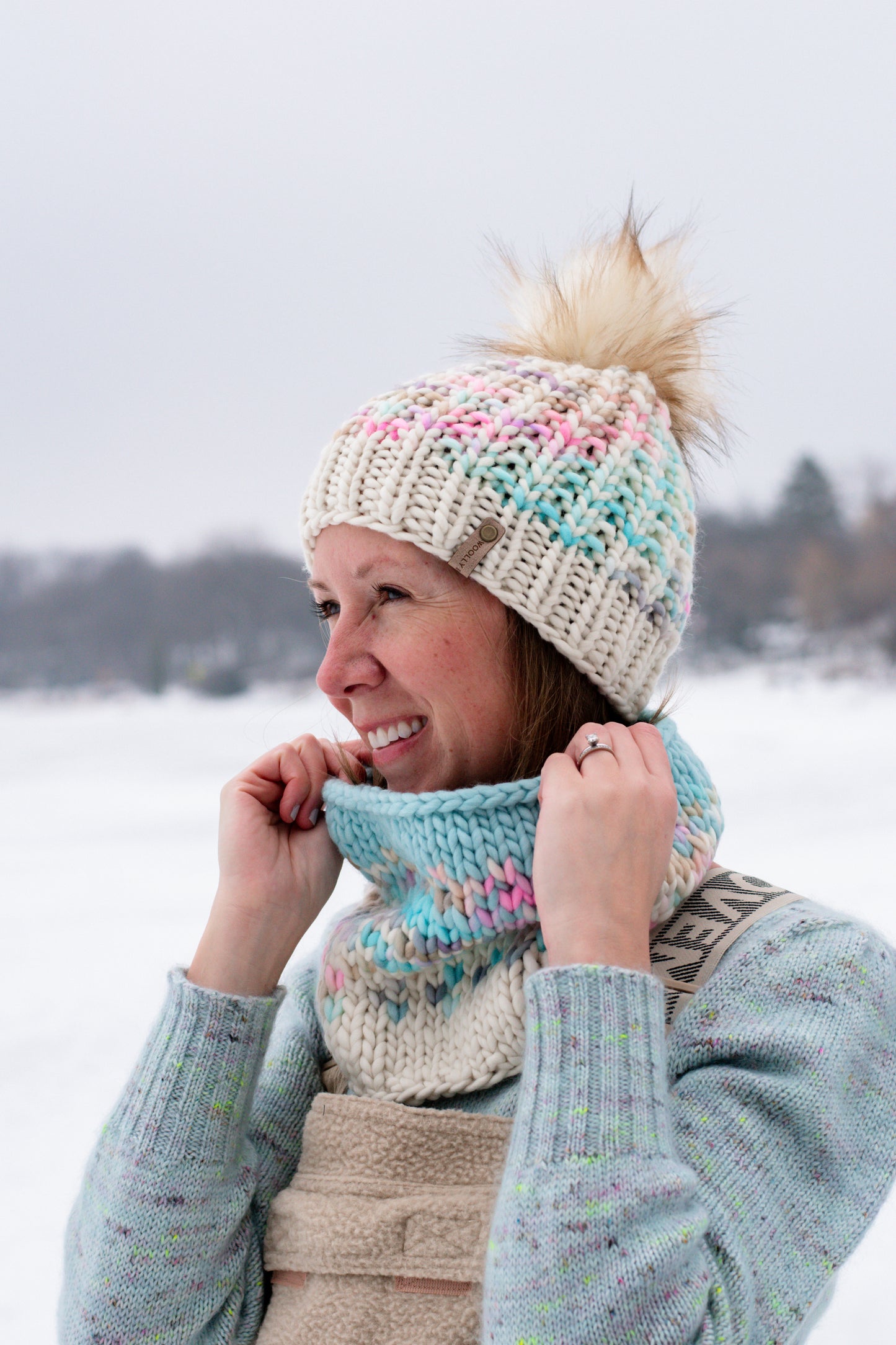 Pink and White Stripe Merino Wool Knit Hat with Faux Fur Pom Pom - Hand-Dyed Yarn