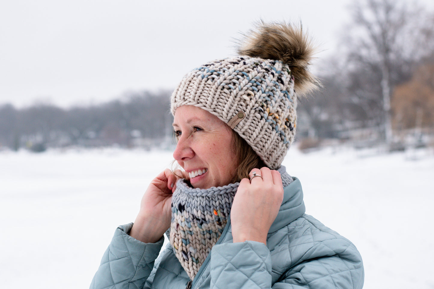 Blue and Beige Stripe Merino Wool Knit Hat with Faux Fur Pom Pom - Hand-Dyed Yarn