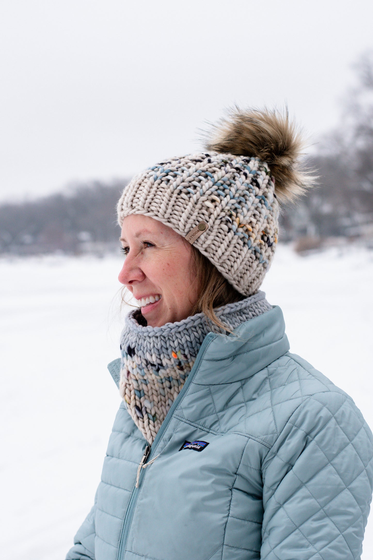 Blue and Beige Stripe Merino Wool Knit Hat with Faux Fur Pom Pom - Hand-Dyed Yarn