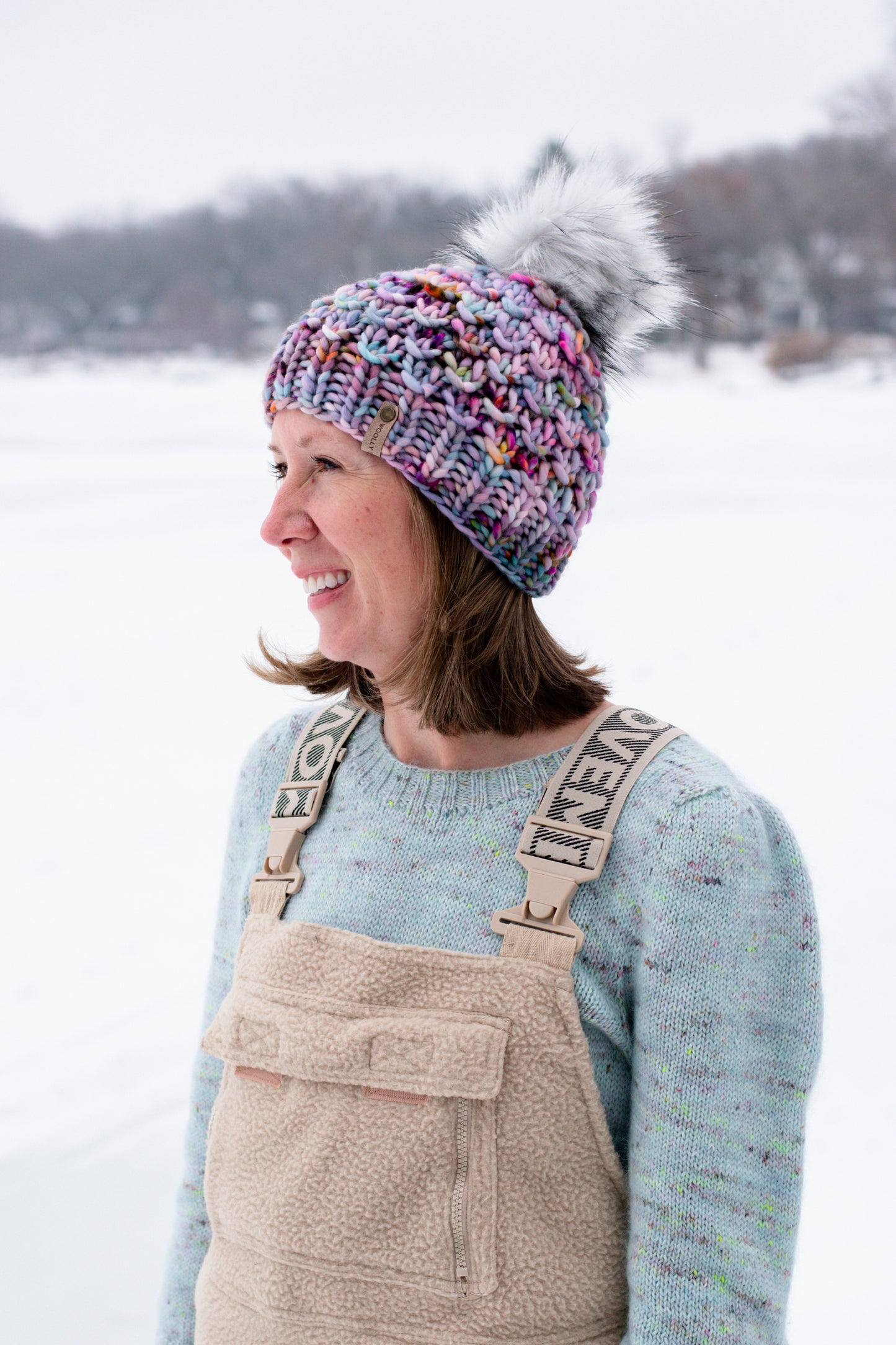 Purple Speckle Merino Wool Knit Hat with Faux Fur Pom Pom - Hand-Dyed Yarn