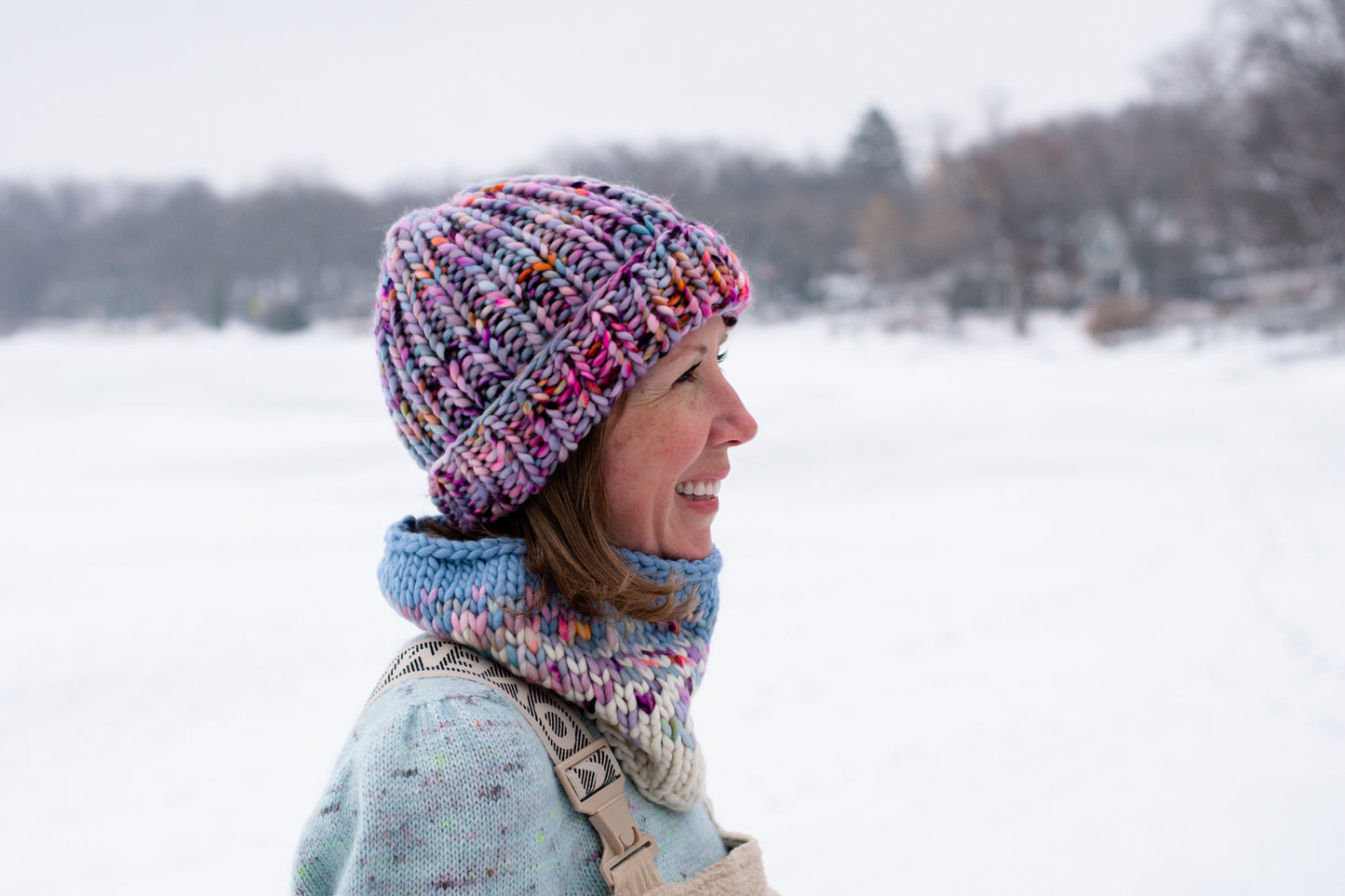 Purple Ribbed Merino Wool Knit Hat with Faux Fur Pom Pom - Hand-Dyed Yarn