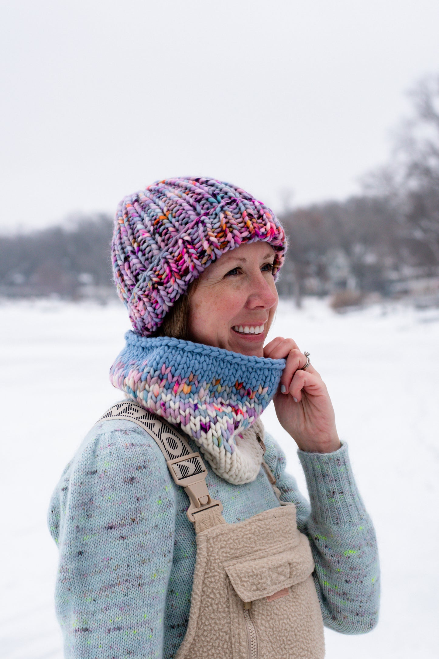 Purple Ribbed Merino Wool Knit Hat with Faux Fur Pom Pom - Hand-Dyed Yarn