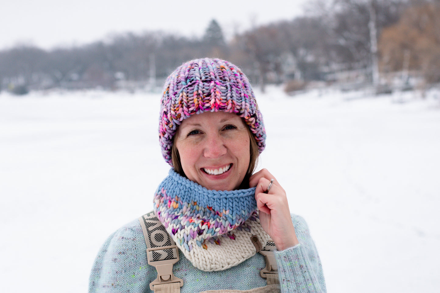 Purple and Blue Merino Wool Fair Isle Hand Knit Cowl