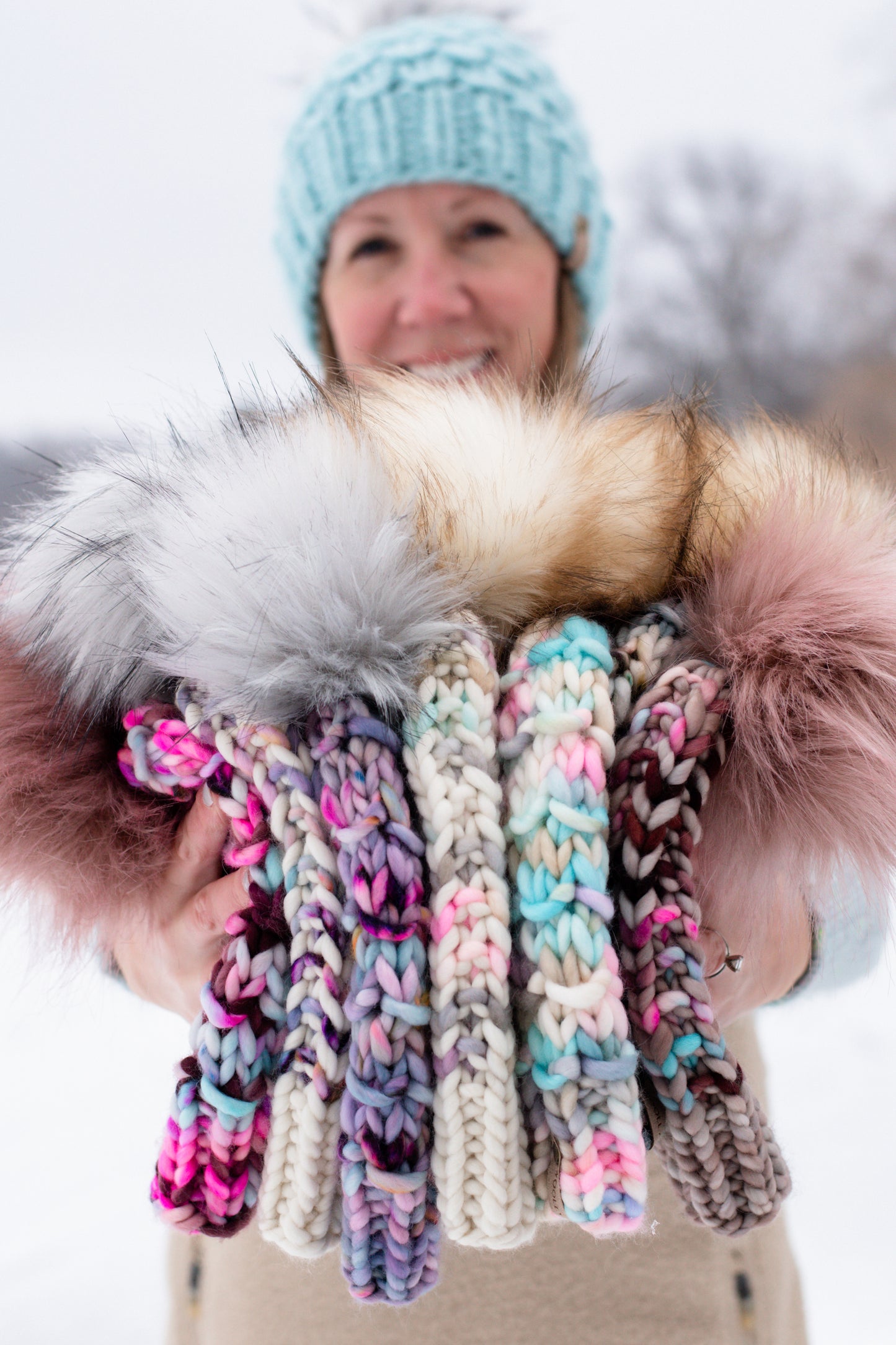 Pink and White Stripe Merino Wool Knit Hat with Faux Fur Pom Pom - Hand-Dyed Yarn