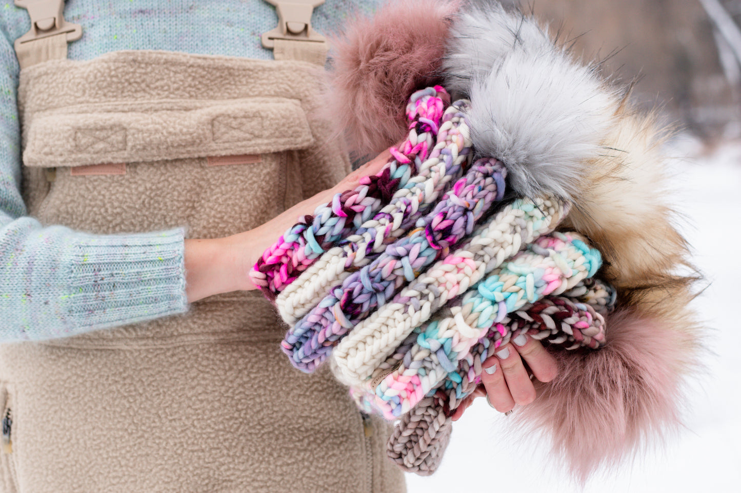 Pink and White Stripe Merino Wool Knit Hat with Faux Fur Pom Pom - Hand-Dyed Yarn