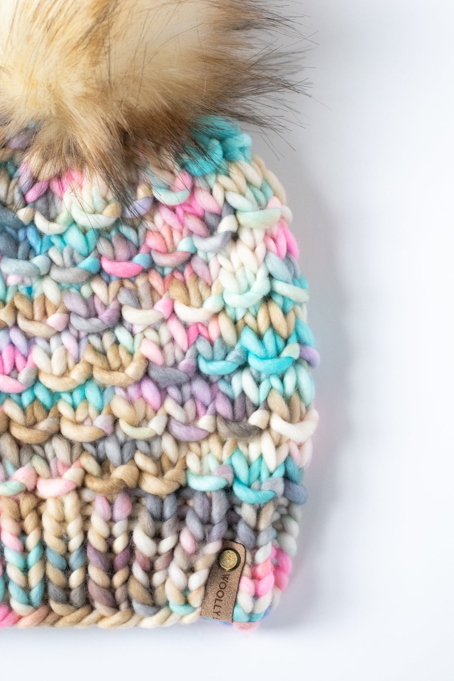 Pink Multicolor Merino Wool Knit Hat with Faux Fur Pom Pom - Hand-Dyed Yarn
