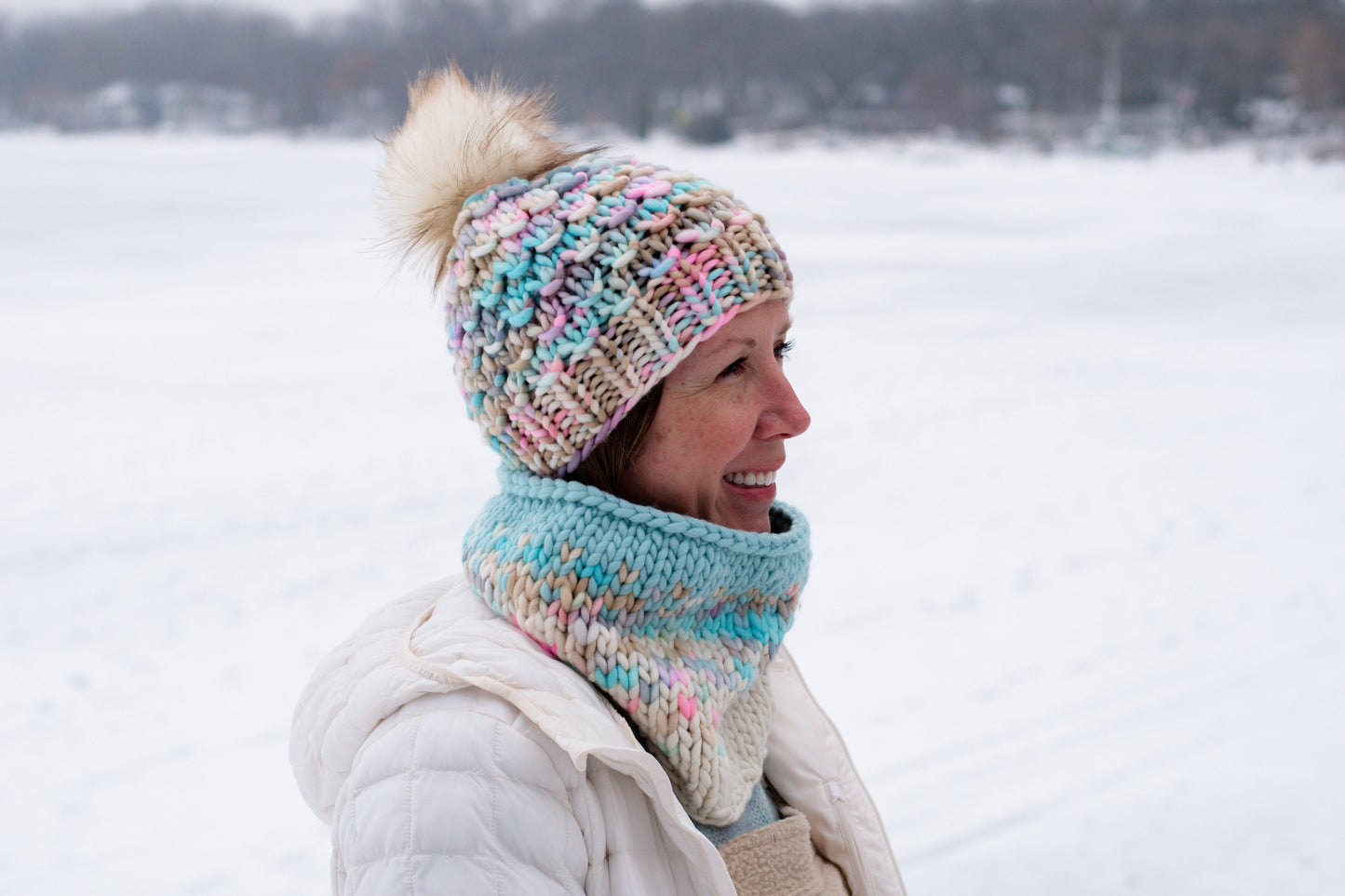 Pink Multicolor Merino Wool Knit Hat with Faux Fur Pom Pom - Hand-Dyed Yarn