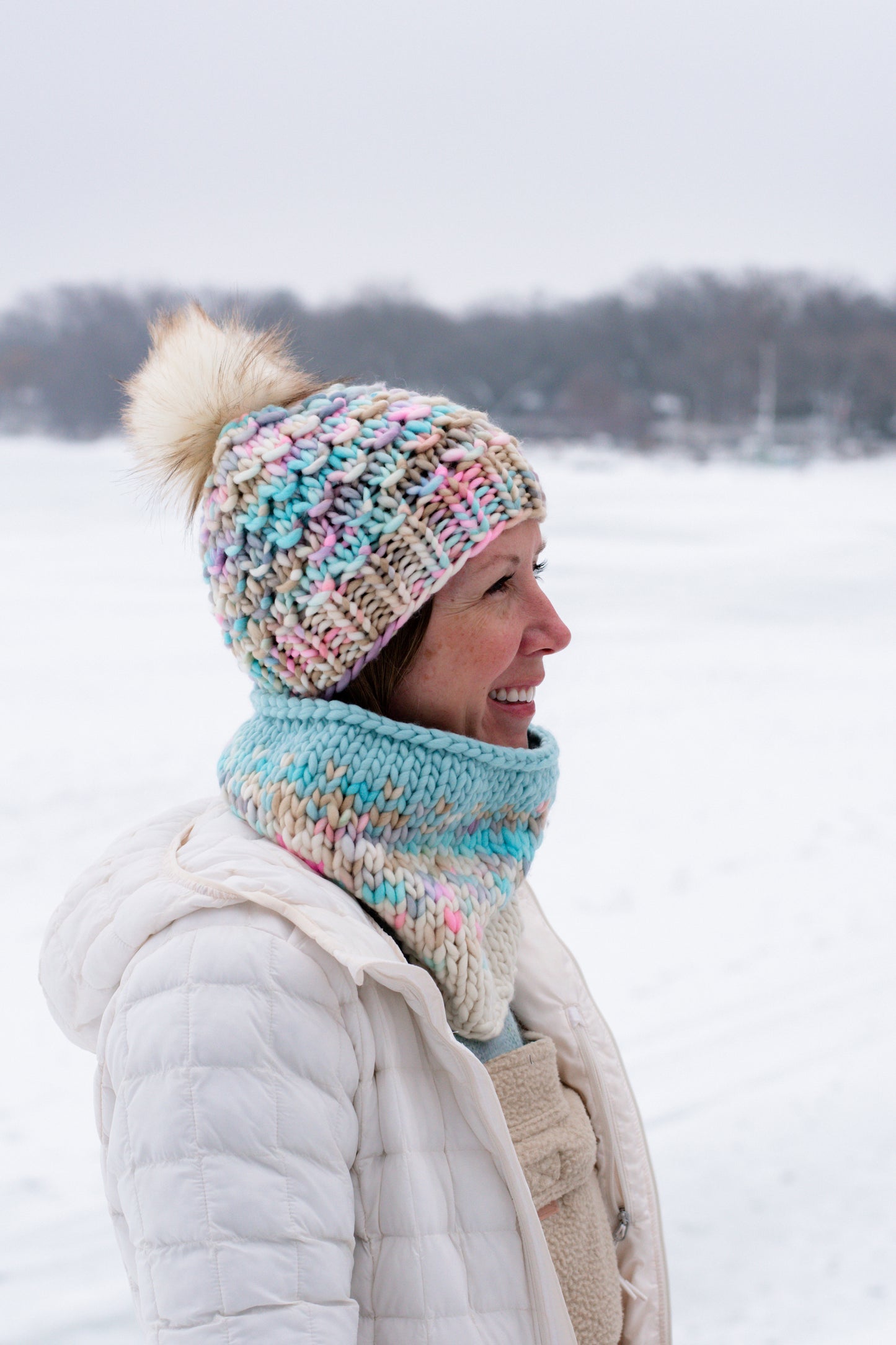 Pink Multicolor Merino Wool Knit Hat with Faux Fur Pom Pom - Hand-Dyed Yarn
