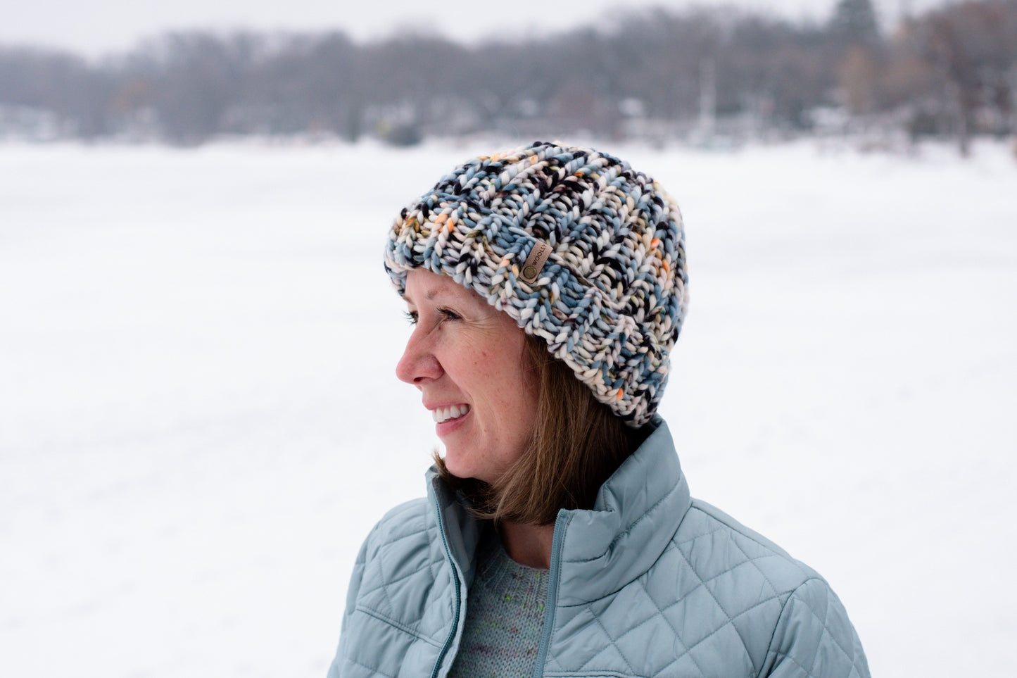 Blue and Beige Ribbed Merino Wool Knit Hat with Faux Fur Pom Pom - Hand-Dyed Yarn