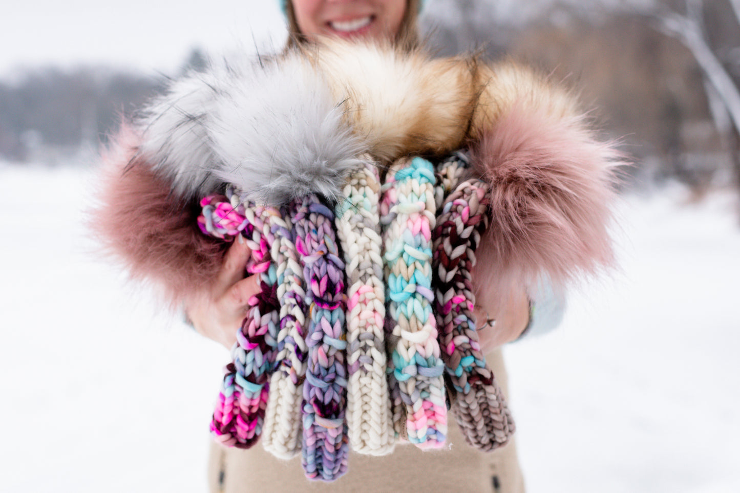 Purple Speckle Merino Wool Knit Hat with Faux Fur Pom Pom - Hand-Dyed Yarn