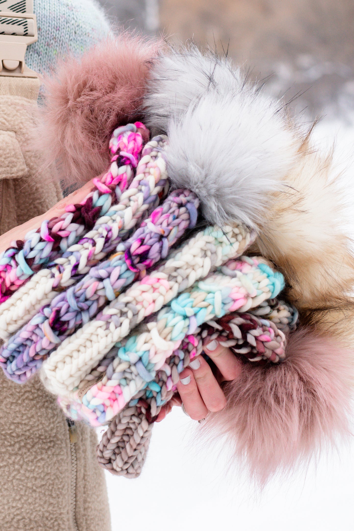 Pink Multicolor Merino Wool Knit Hat with Faux Fur Pom Pom - Hand-Dyed Yarn