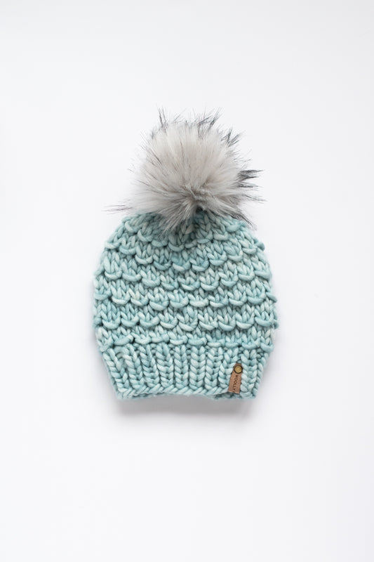 Seafoam Merino Wool Knit Hat with Faux Fur Pom Pom - Hand Dyed Yarn