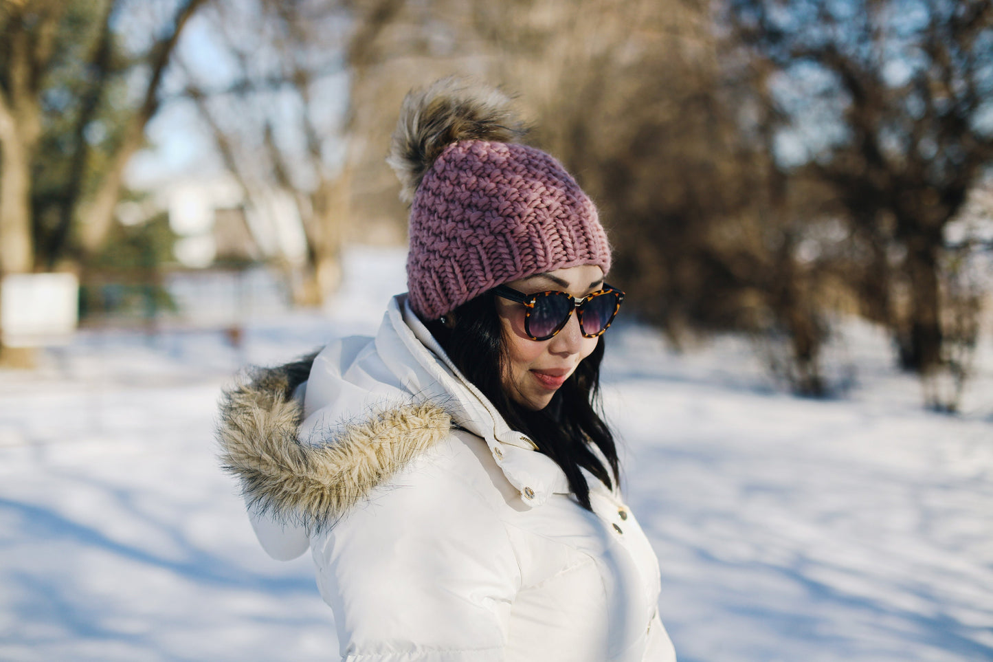 Mauve Peruvian Wool Knit Hat with Faux Fur Pom Pom, Luxury Chunky Knit Pom Pom Beanie, Ethically Sourced Wool Hat, Hand Knit Hat