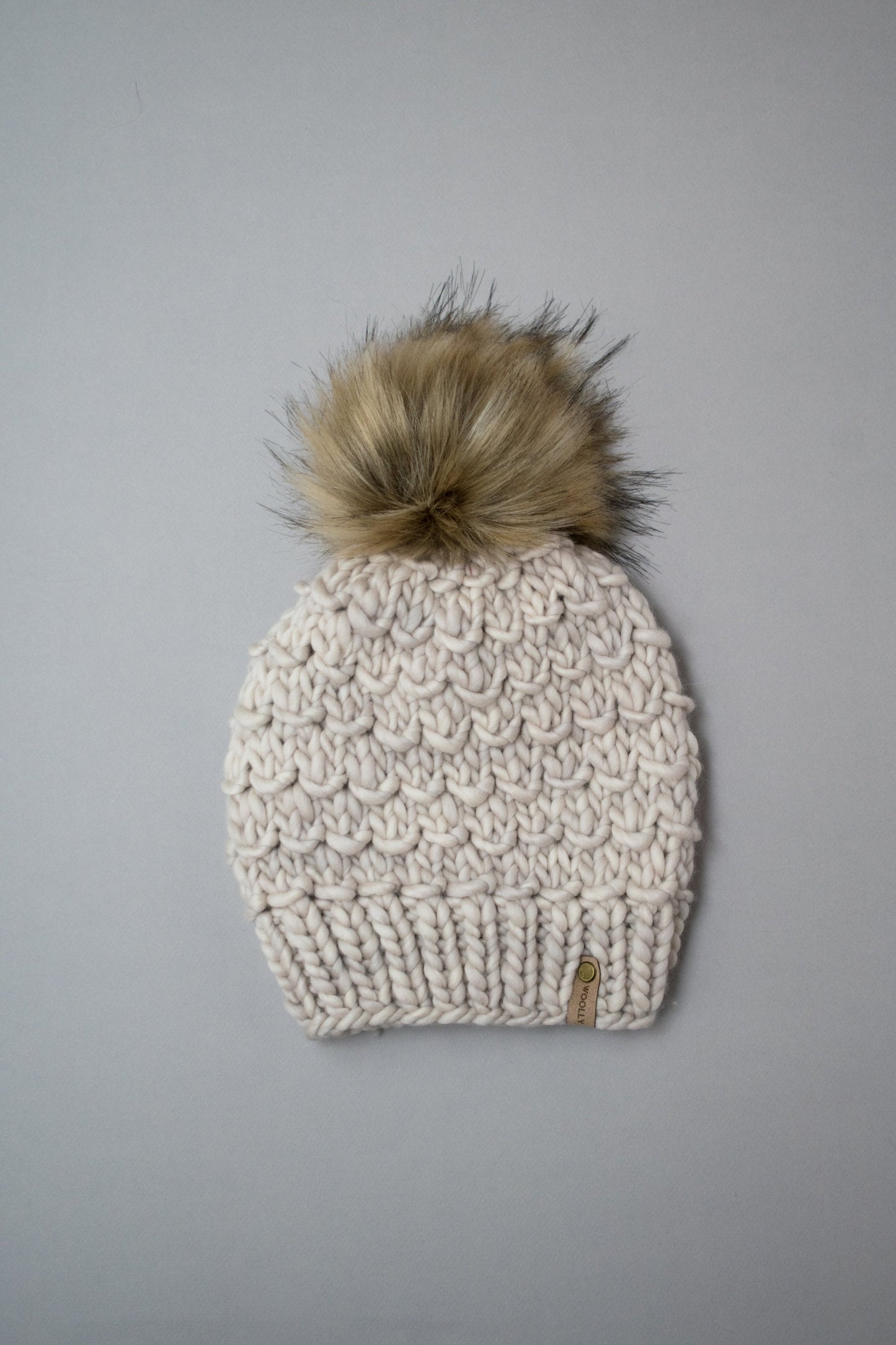 Beige Merino Wool Knit Hat with Faux Fur Pom Pom, Adult Chunky Knit Pom Pom Beanie, Ethically Sourced Wool Hat, Hand Knit Hat
