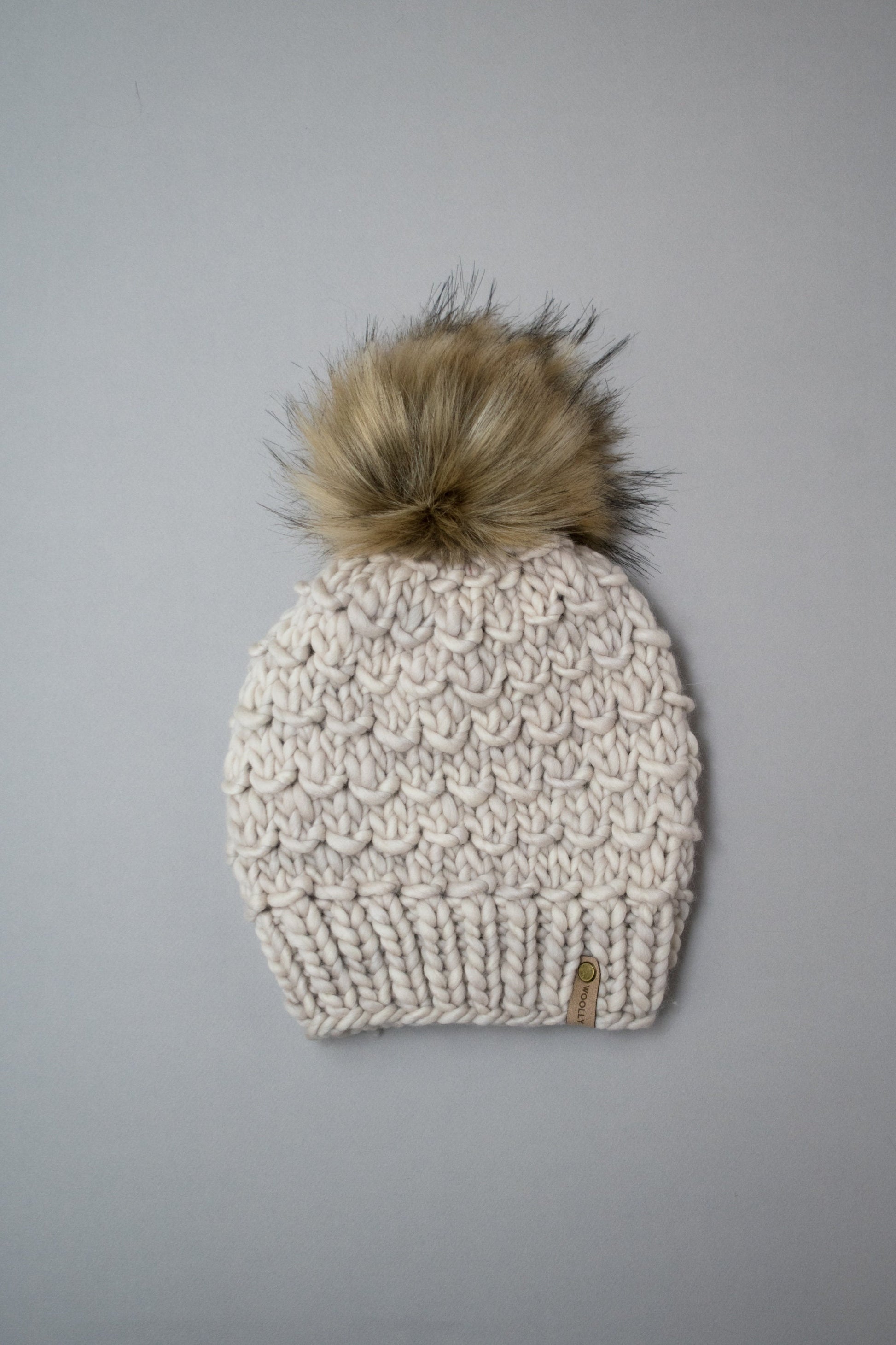Beige Merino Wool Knit Hat with Faux Fur Pom Pom, Adult Chunky Knit Pom Pom Beanie, Ethically Sourced Wool Hat, Hand Knit Hat